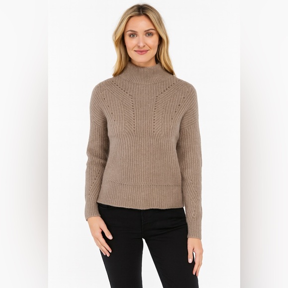 Aqua 100% Cashmere Mock Neck Ribbed Knit Long Sleeve Sweater Taupe Brown XS - Picture 1 of 8